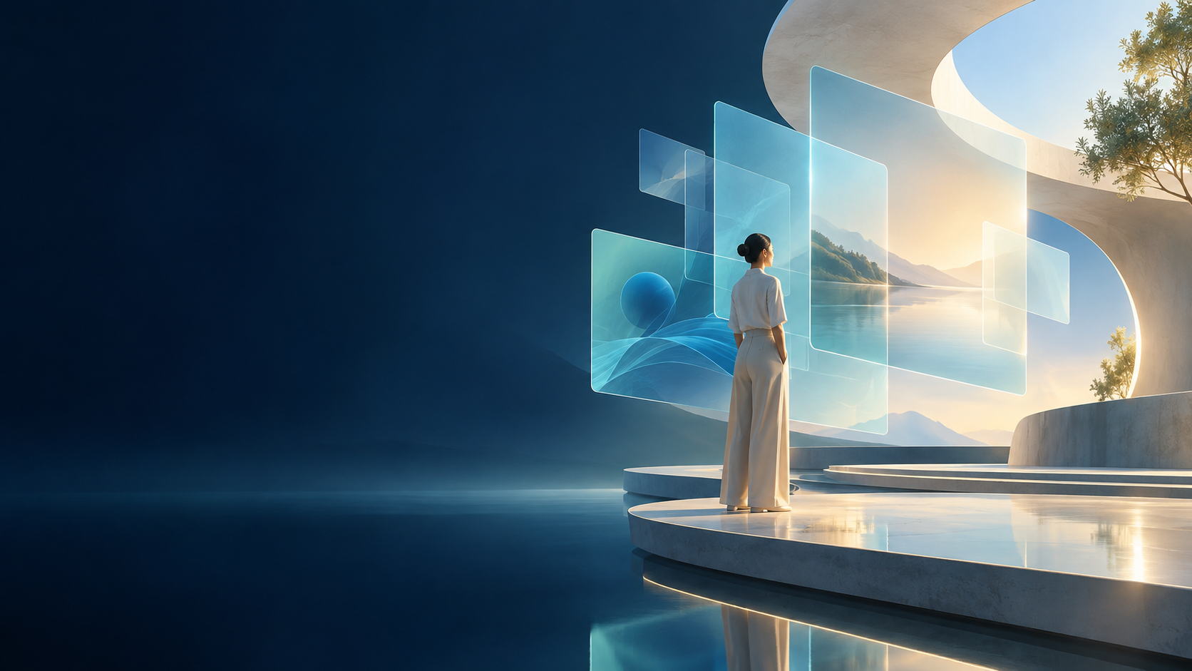 Futuristische digitale Arbeitsumgebung mit leuchtenden Glasflächen